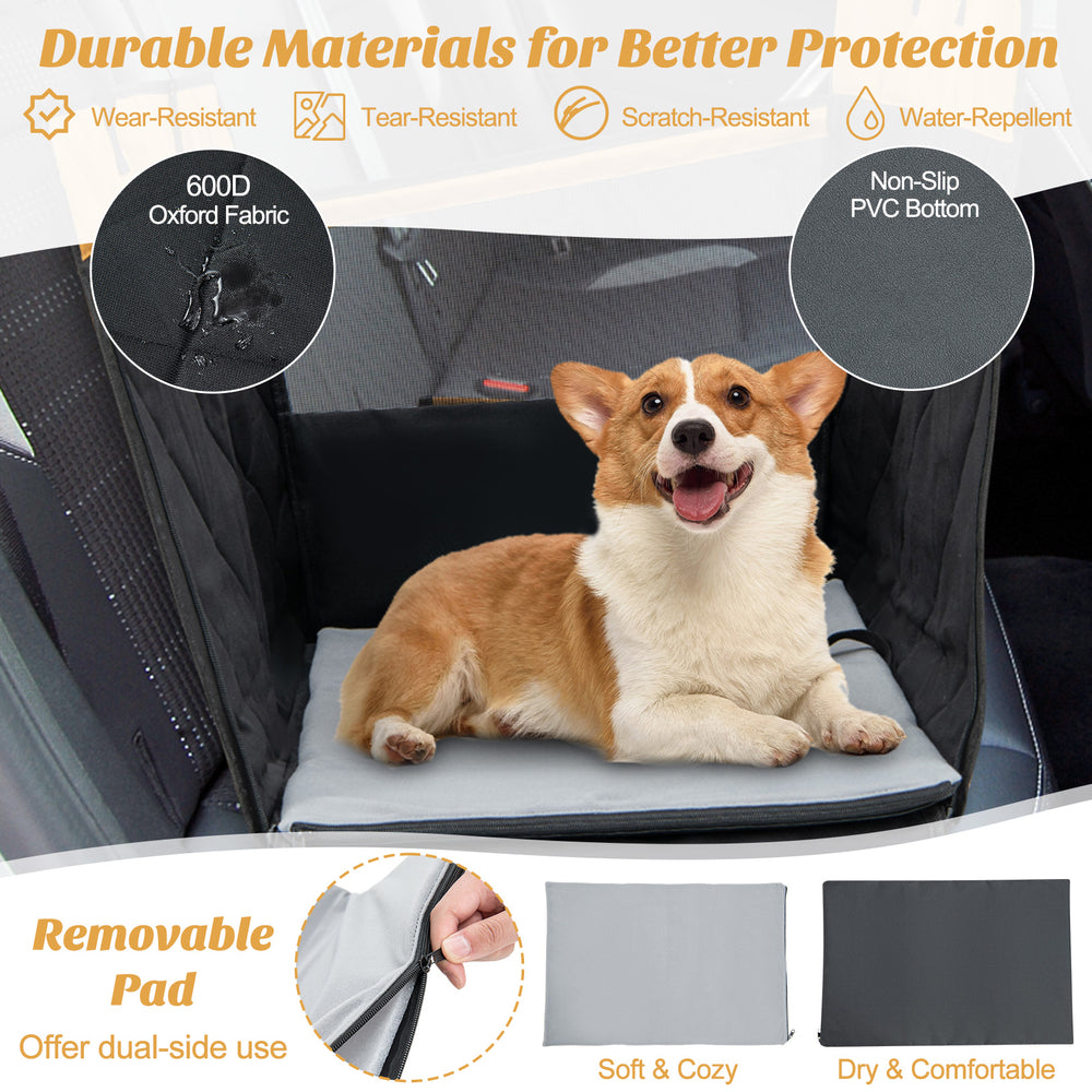 Dog car seat cover in black with removable pad and mesh windows, designed for small and medium dogs, ensuring comfort.