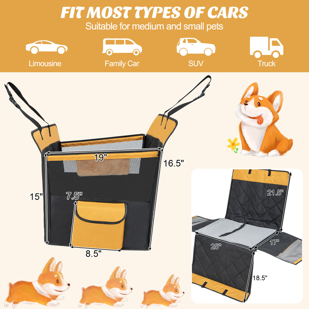 Dog car seat cover with mesh window, black, designed for small and medium dogs, providing protection and comfort during.