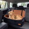 Dog car seat booster with firm orthopedic support, soft plush fabric, and adjustable straps for secure travel.