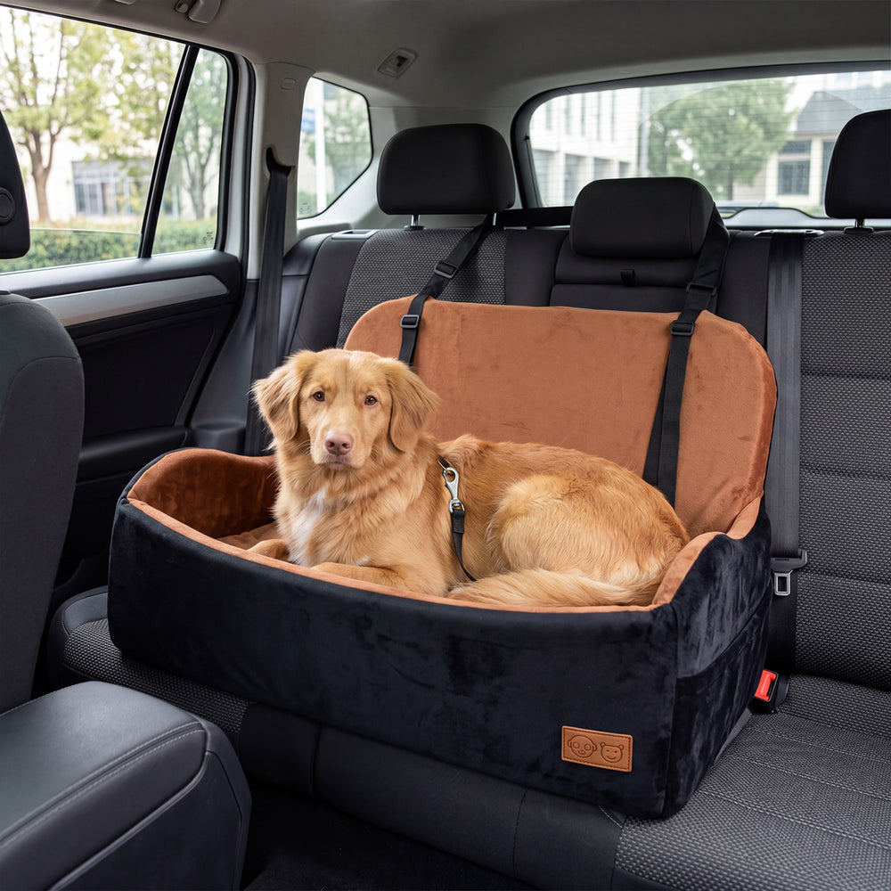 Dog car seat booster with firm orthopedic support, soft plush fabric, and adjustable straps for secure travel.