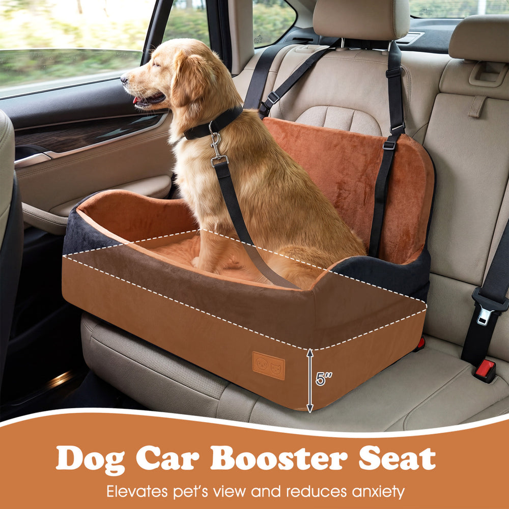 Dog car booster seat with 5" thick cushion, adjustable straps, and non-slip bottom for medium and large dogs.