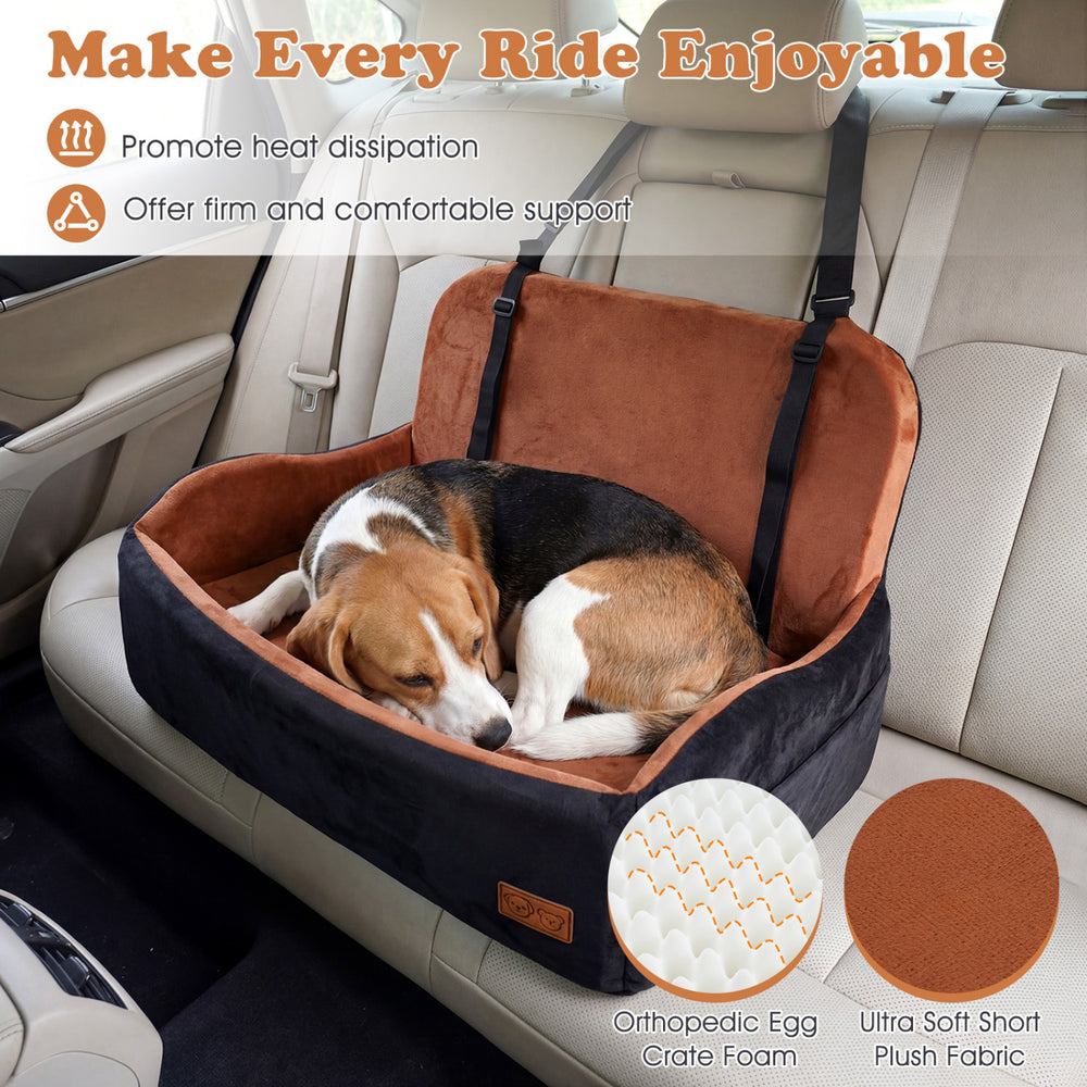 Dog car seat booster for medium and large dogs with orthopedic foam, ultra-soft fabric, and adjustable safety straps.