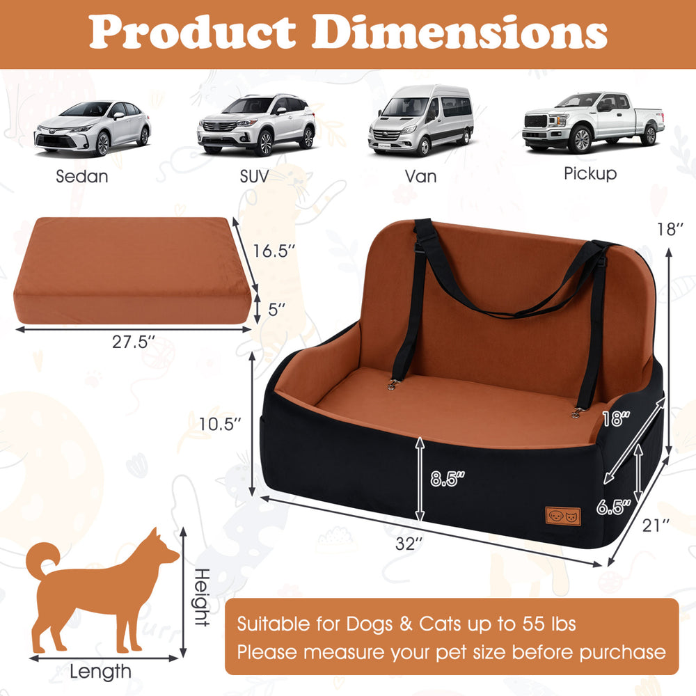 Dog car seat booster with adjustable strap, non-slip bottom, and washable cover, suitable for medium and large pets.