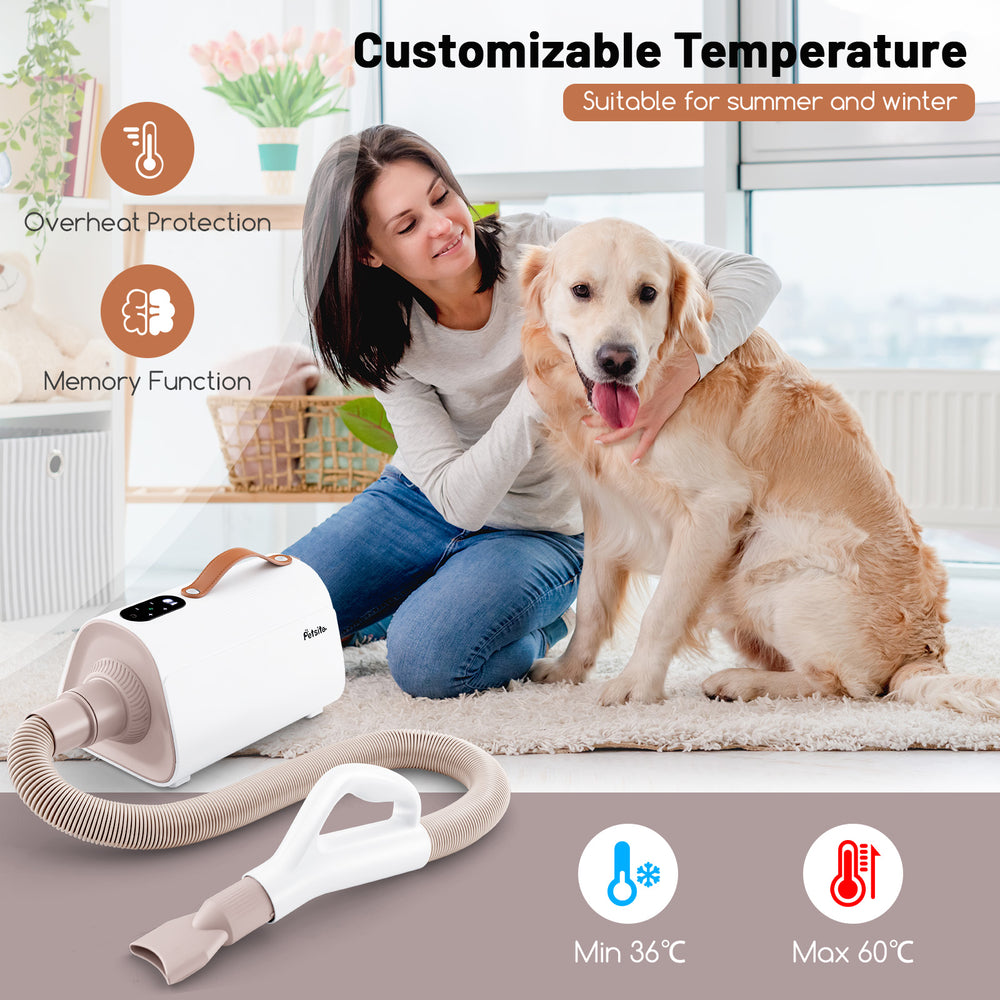 Close-up of the Dog Cat Hair Blower's smart control panel with LED display, showcasing temperature settings for safe.