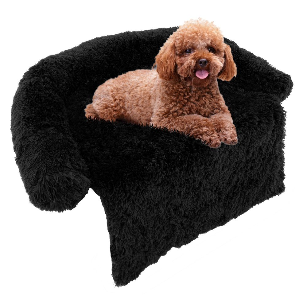 Plush Calming Dog Couch Bed in black with anti-slip bottom, providing a soft and luxurious resting surface for pets.