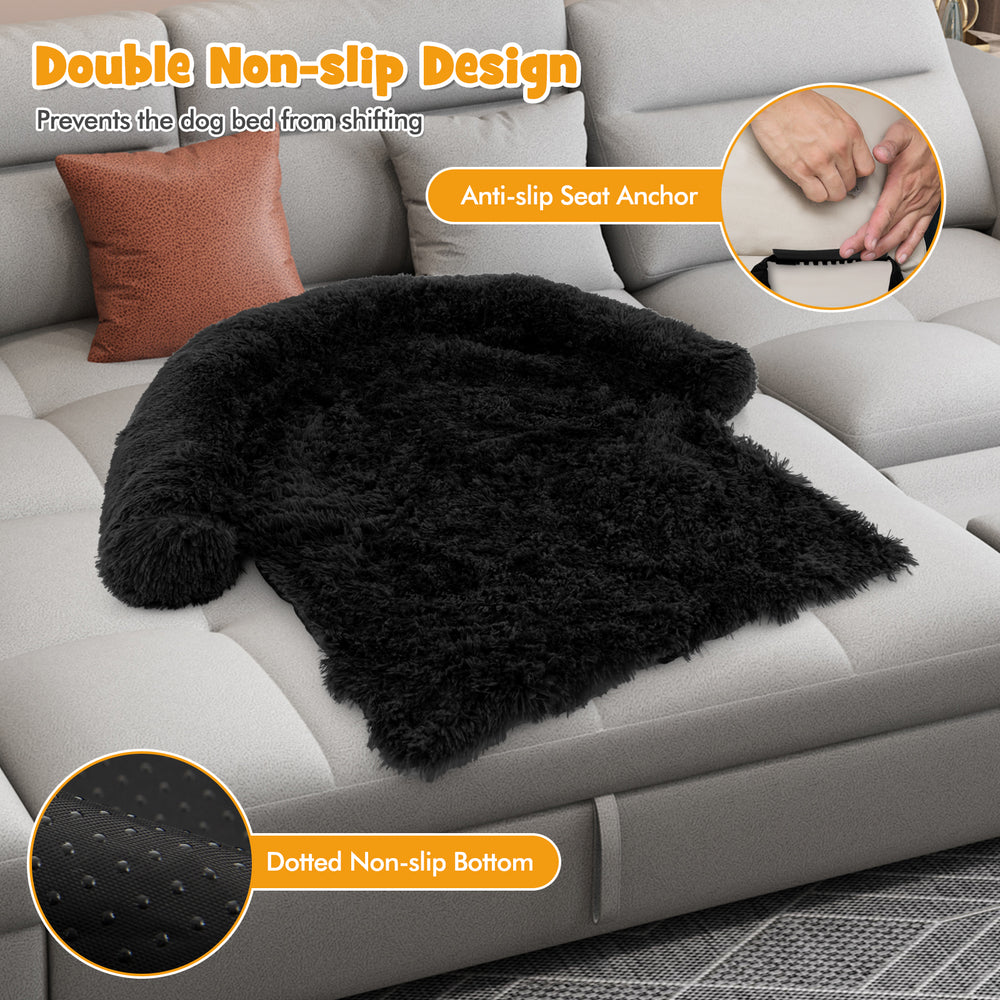 Plush calming dog couch bed with anti-slip bottom, featuring a soft surface and double non-slip design for stability.