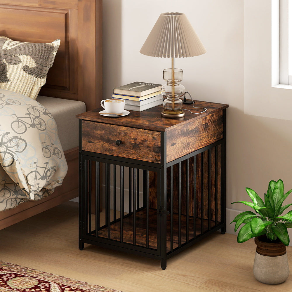 Rustic brown dog crate furniture with charging station, drawer, and sturdy metal fencing for small dogs and puppies.