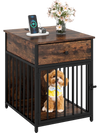 Wooden dog crate furniture in rustic brown with charging station, ideal for small dogs, also serves as an end table.
