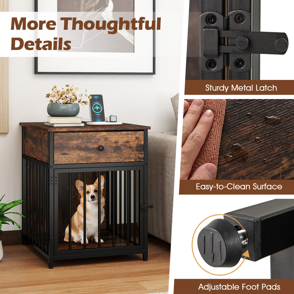 Dog crate furniture in rustic brown with sturdy metal latch, easy-to-clean surface, and adjustable foot pads for small.