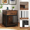 Rustic brown dog crate furniture with a charging station, sturdy metal pipes, and a drawer for small dogs and puppies.