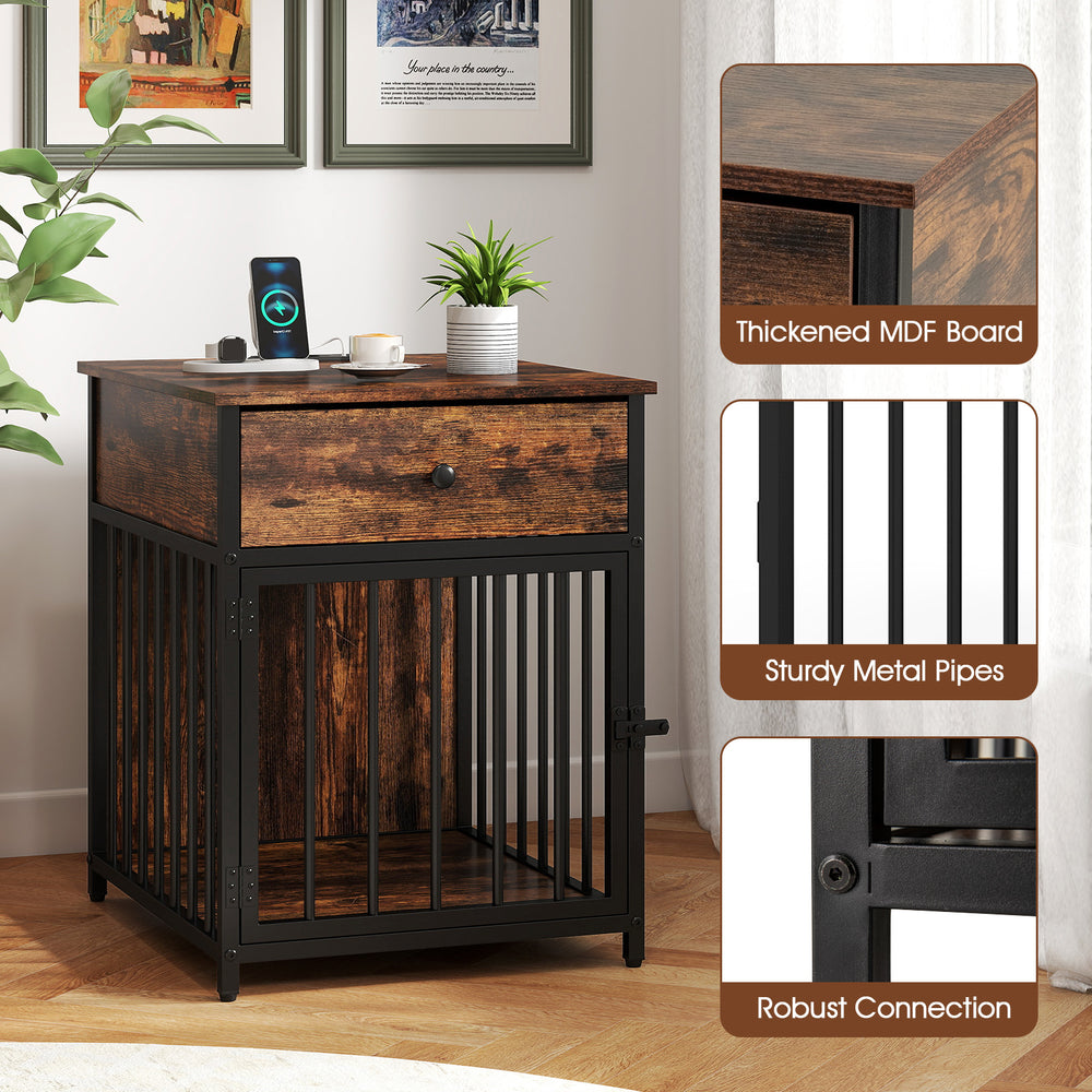 Rustic brown dog crate furniture with a charging station, sturdy metal pipes, and a drawer for small dogs and puppies.