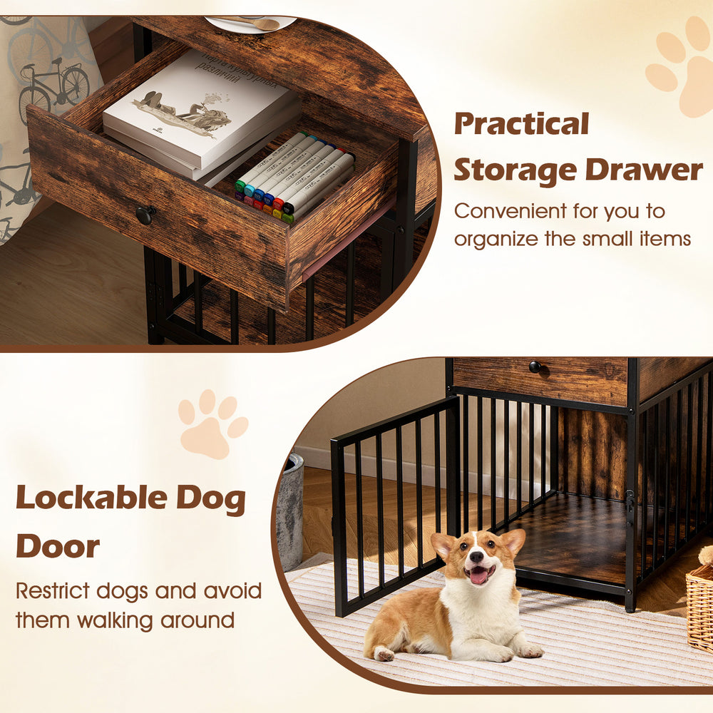 Dog crate furniture with a lockable door and storage drawer, ideal for small dogs and charging devices in rustic brown.