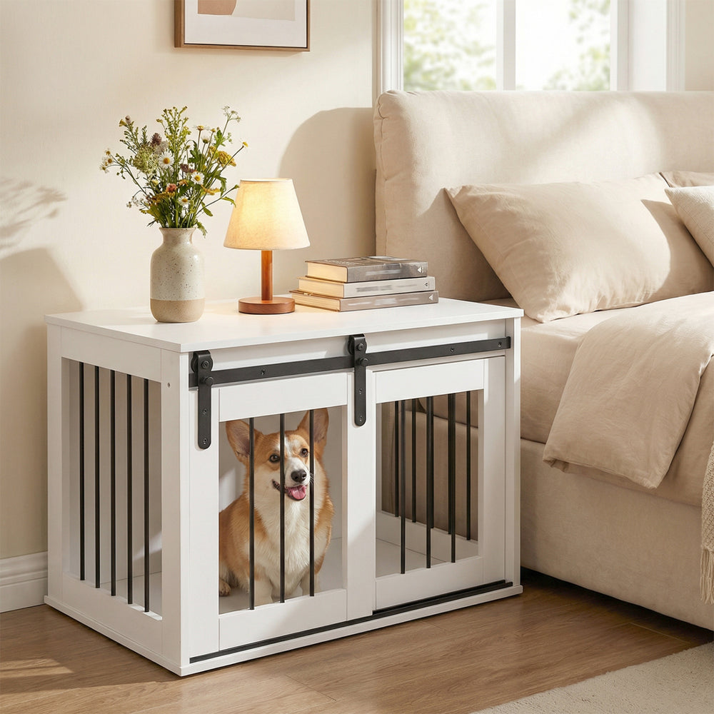 Dog Crate Furniture Heavy Duty Dog Kennel with Sliding Barn Door-White - Gallery View 1 of 10