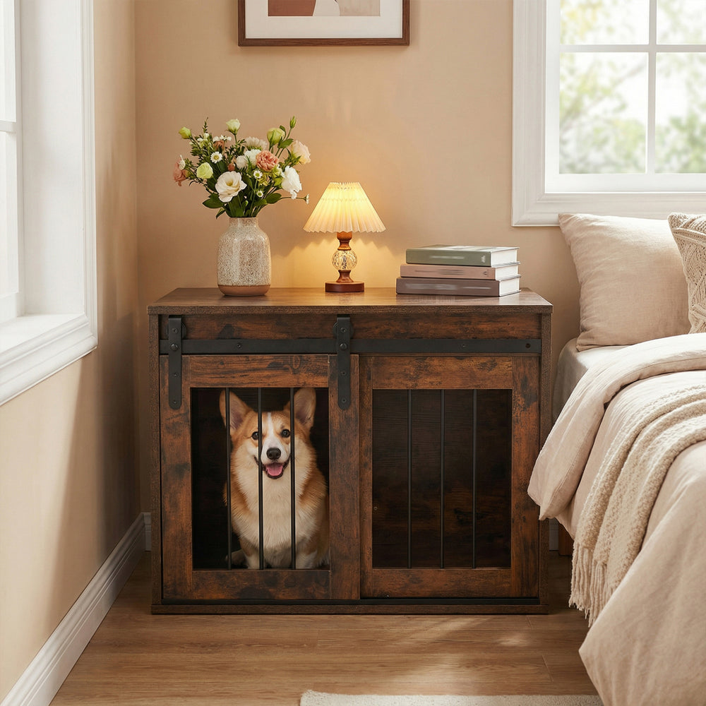 Dog Crate Furniture Heavy Duty Dog Kennel with Sliding Barn Door-Rustic Brown - Gallery View 1 of 10
