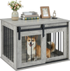 Dog crate furniture in gray with sliding barn door, sturdy metal bars, and spacious tabletop for pet supplies or decor.