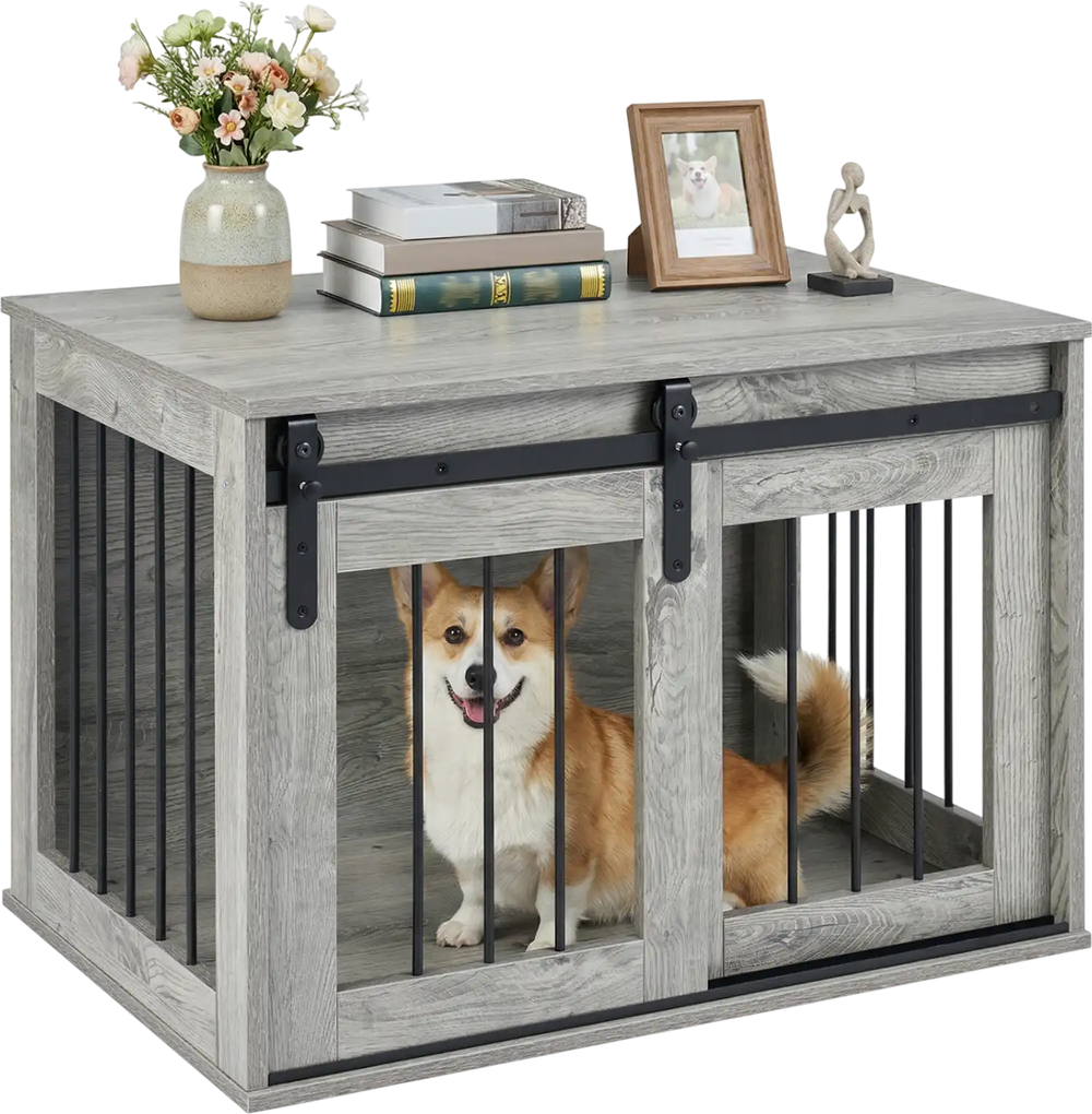 Dog crate furniture in gray with sliding barn door, sturdy metal bars, and spacious tabletop for pet supplies or decor.