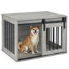 Heavy-duty dog crate furniture in gray with sliding barn door, ideal for small to medium dogs, perfect for indoor use.