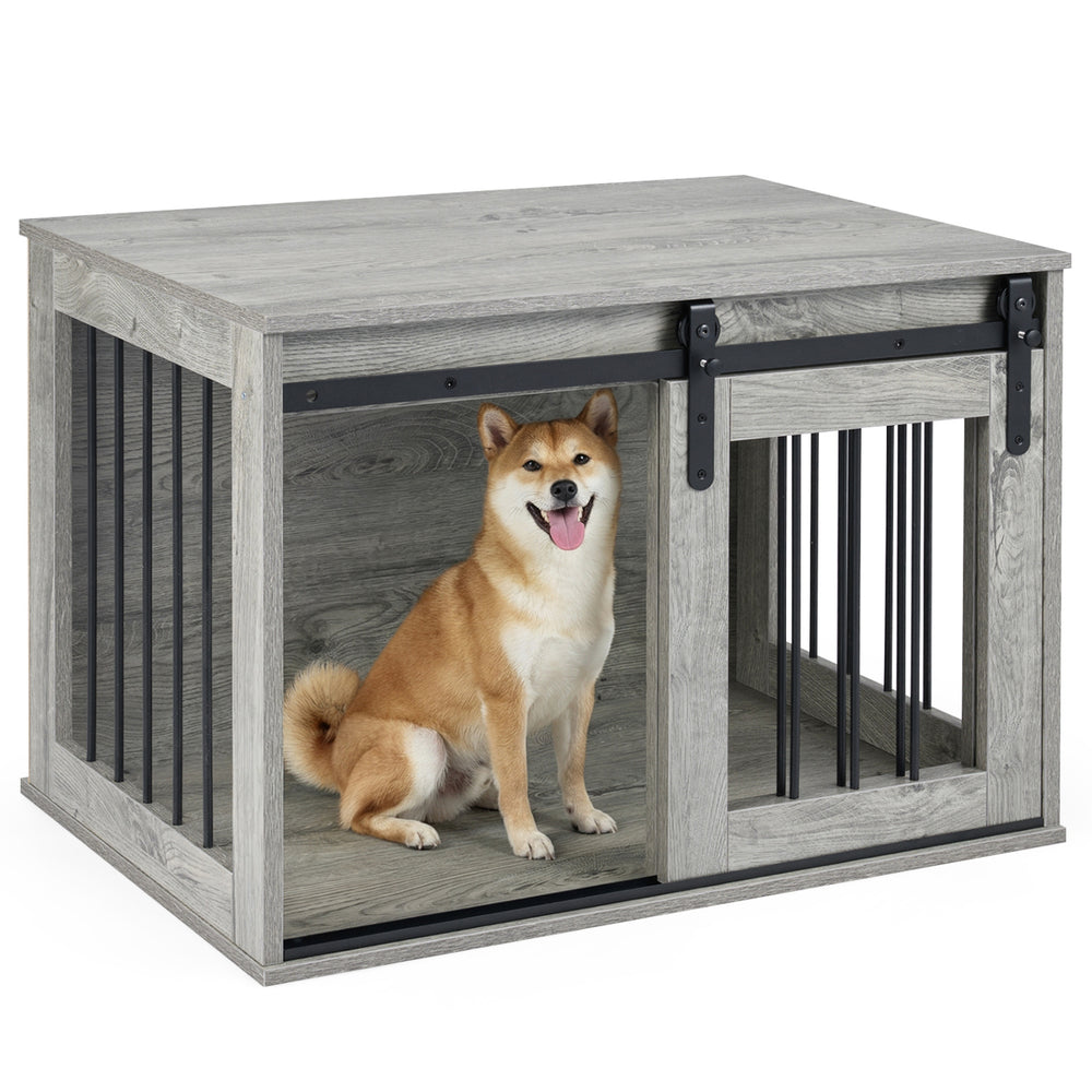 Heavy-duty dog crate furniture in gray with sliding barn door, ideal for small to medium dogs, perfect for indoor use.