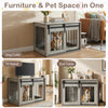 Dog crate furniture in gray with sliding barn door, suitable for small to medium dogs, ideal as a TV stand or end table.