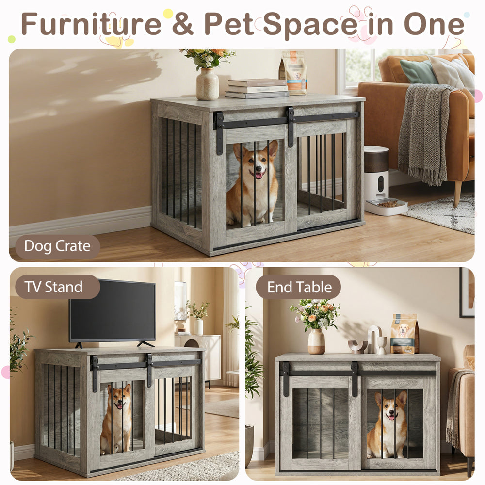 Dog crate furniture in gray with sliding barn door, suitable for small to medium dogs, ideal as a TV stand or end table.
