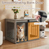 Dog crate furniture with a gray finish, featuring a sliding barn door for easy access and a spacious tabletop for decor.