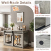 Dog crate furniture in gray with sliding barn door, sturdy metal bars, and easy-to-clean surface for small to medium.