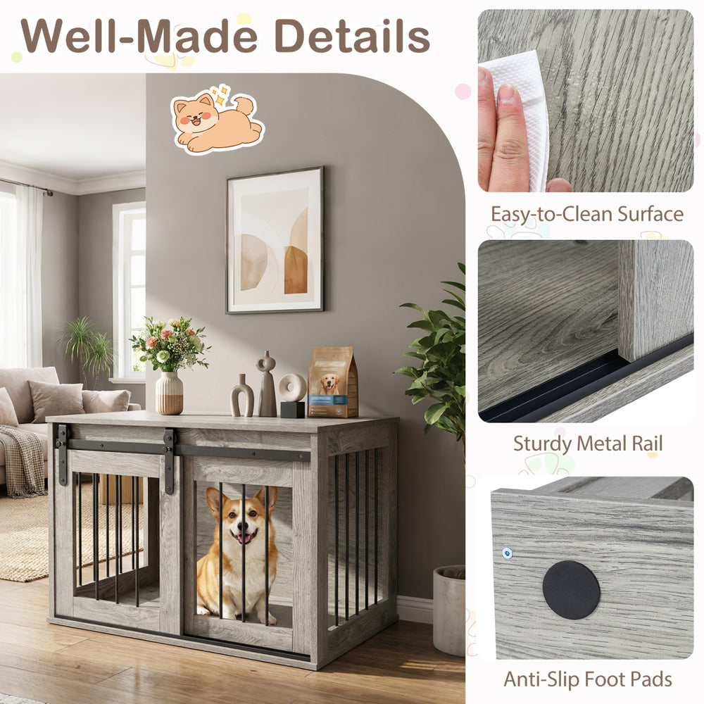 Dog crate furniture in gray with sliding barn door, sturdy metal bars, and easy-to-clean surface for small to medium.