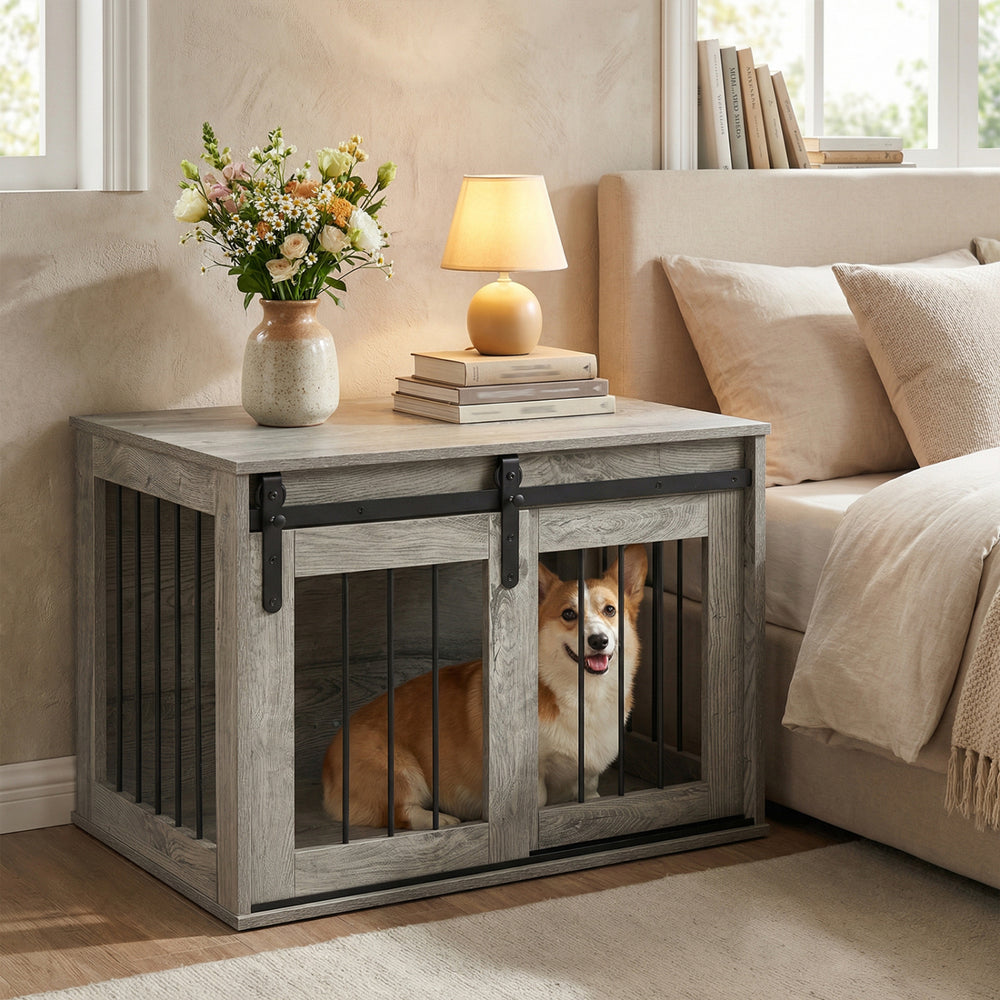 Dog Crate Furniture Heavy Duty Dog Kennel with Sliding Barn Door-Gray - Gallery View 1 of 10