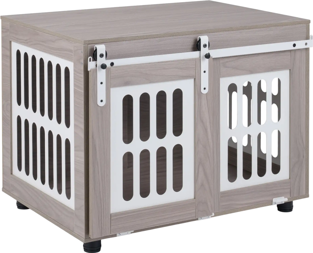 Dog crate furniture in gray with sliding barn door, spacious tabletop, and side metal windows for small to medium dogs.