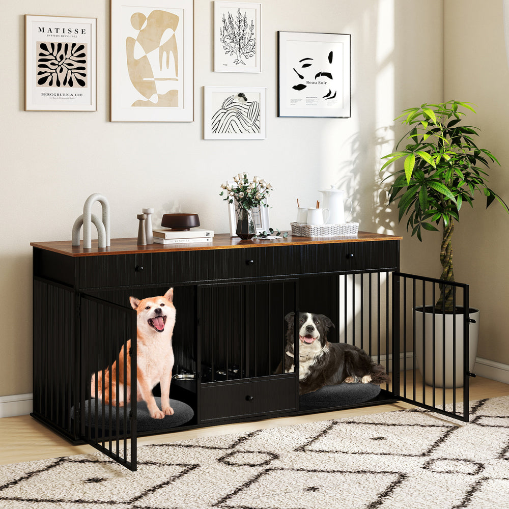 Modern black dog crate furniture with divider, 3 drawers, and pull-out feeder for organized pet care and stylish decor.
