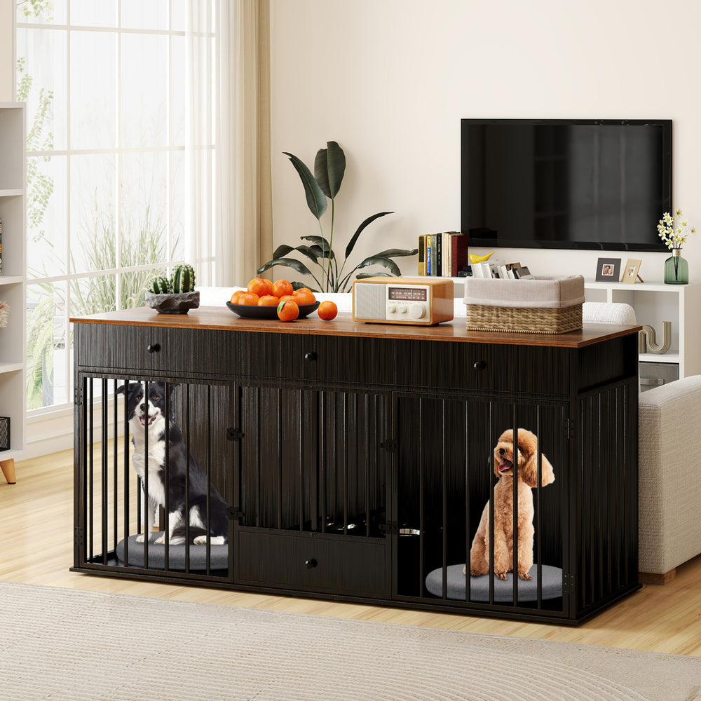 Indoor modern dog kennel with divider, black finish, featuring 3 drawers and pull-out feeder for organized pet care.