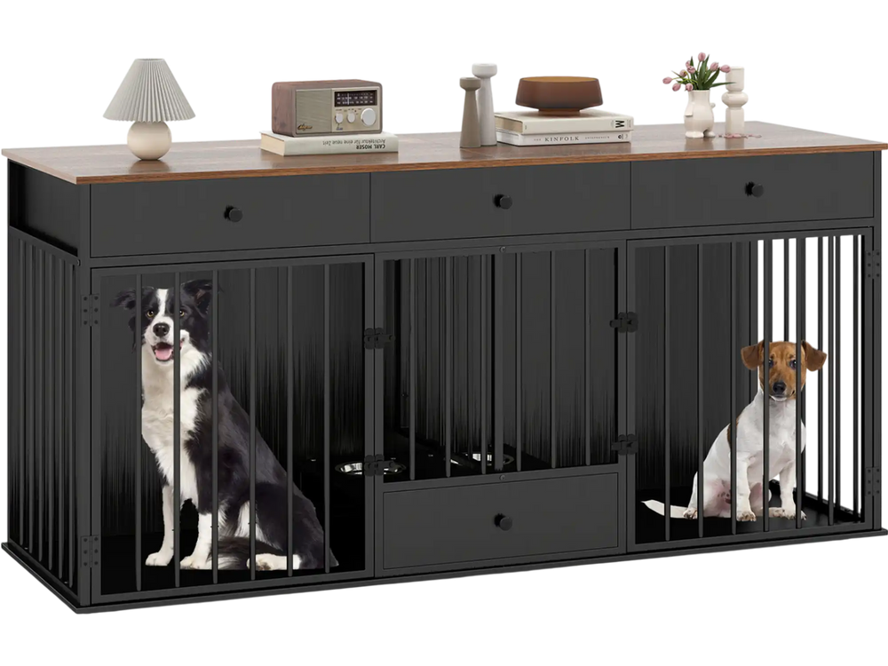 Stylish dog kennel furniture in black featuring two compartments for separate pets, sturdy metal latches, and a clean.