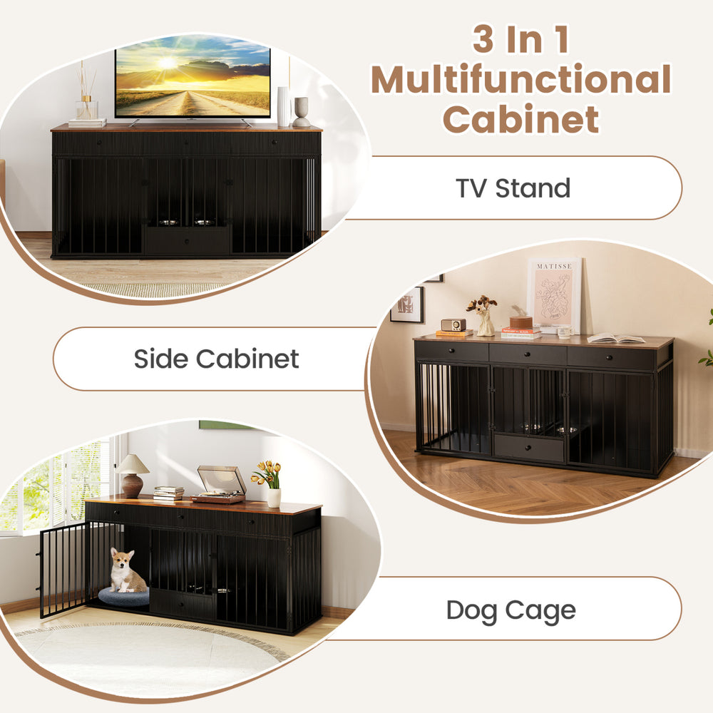 Modern black dog crate furniture with divider, 3 drawers, and pull-out feeder for versatile indoor use.