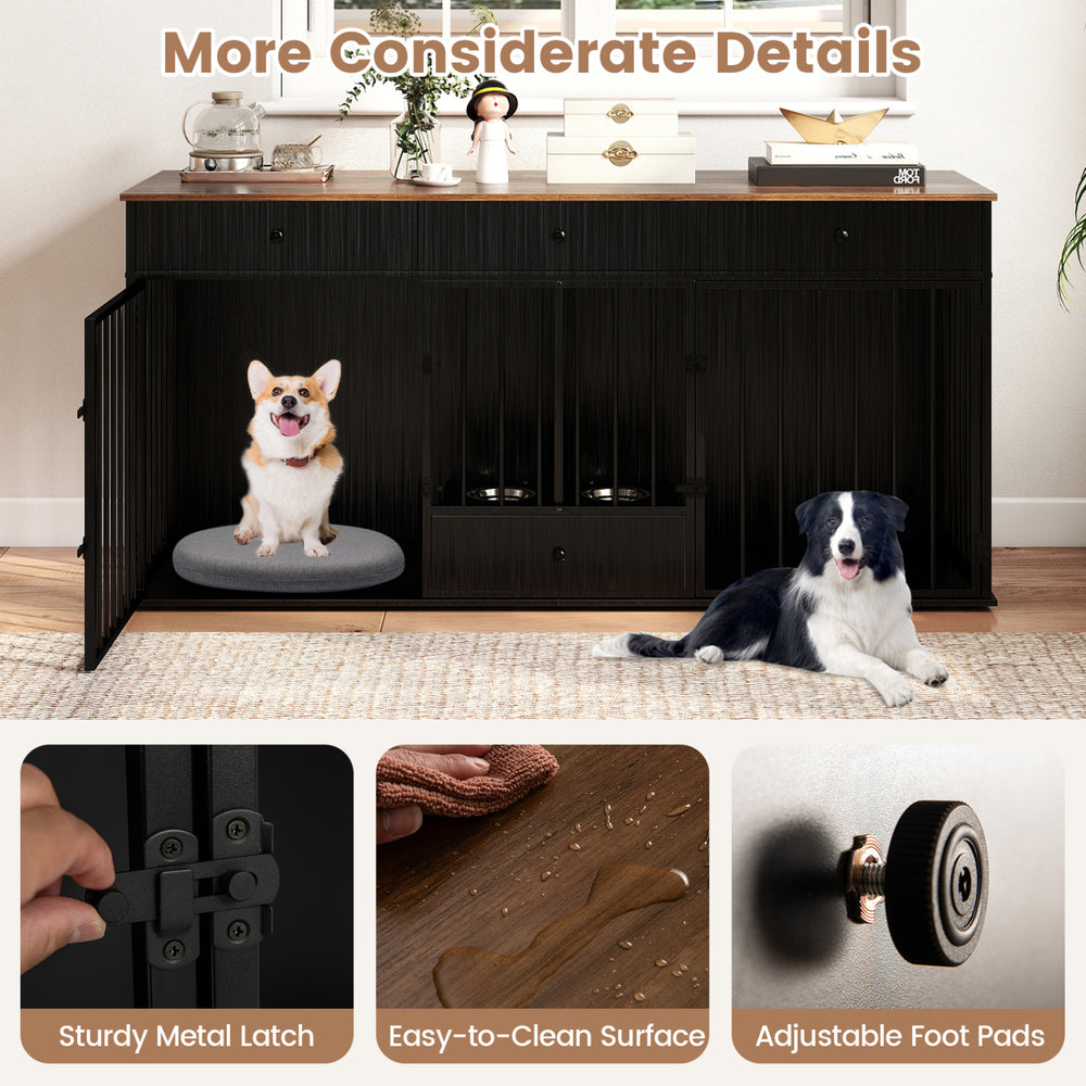 Close-up of sturdy metal latch on modern dog crate furniture, ensuring pet safety and easy access for feeding.