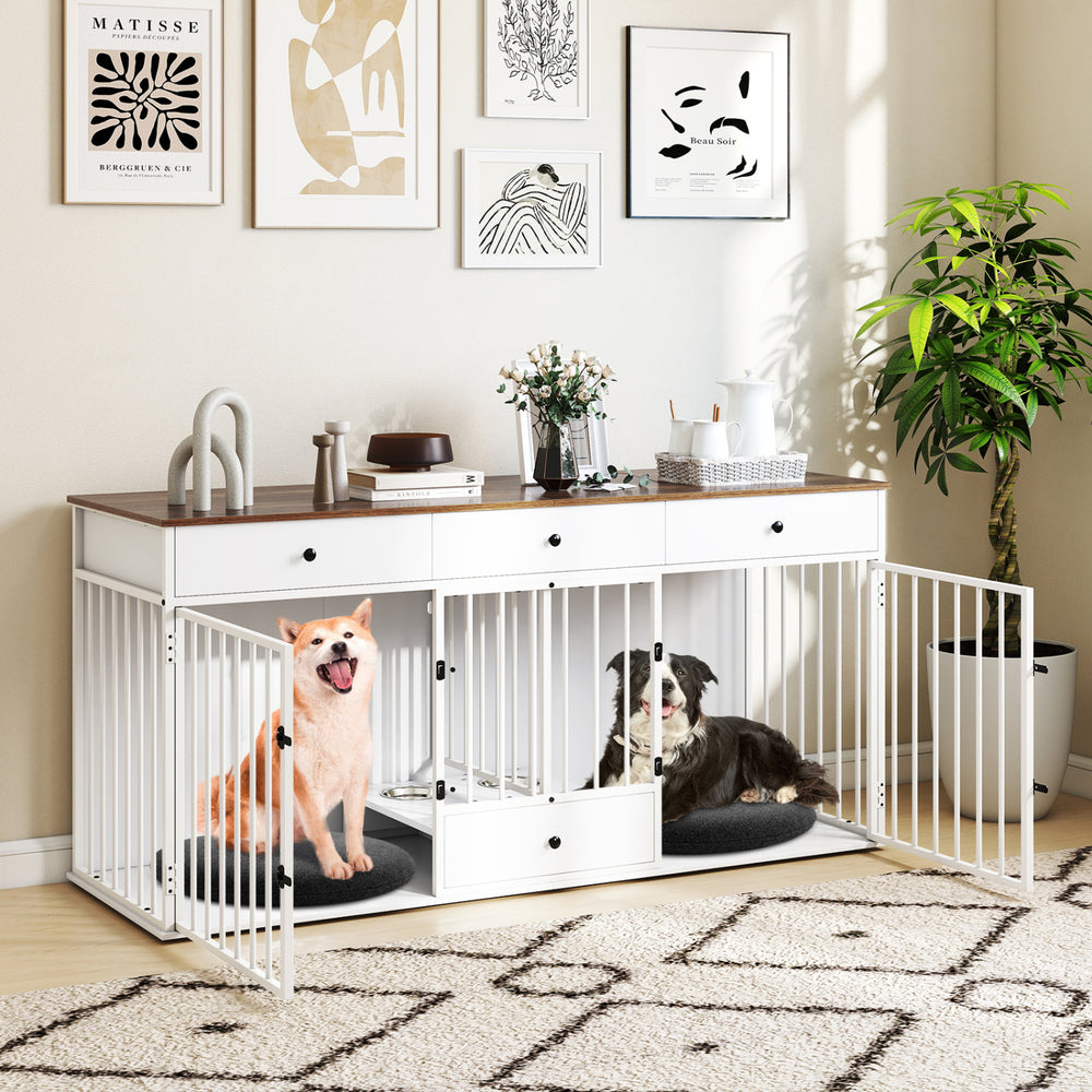 Dog Crate Furniture Indoor Modern Dog Kennel with Divider 3 Drawers and Pull-out Feeder-White - Gallery View 1 of 10
