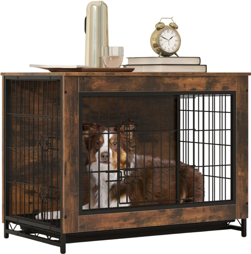 Dog crate furniture with double lockable doors and removable tray, designed for safety and easy access in a stylish.