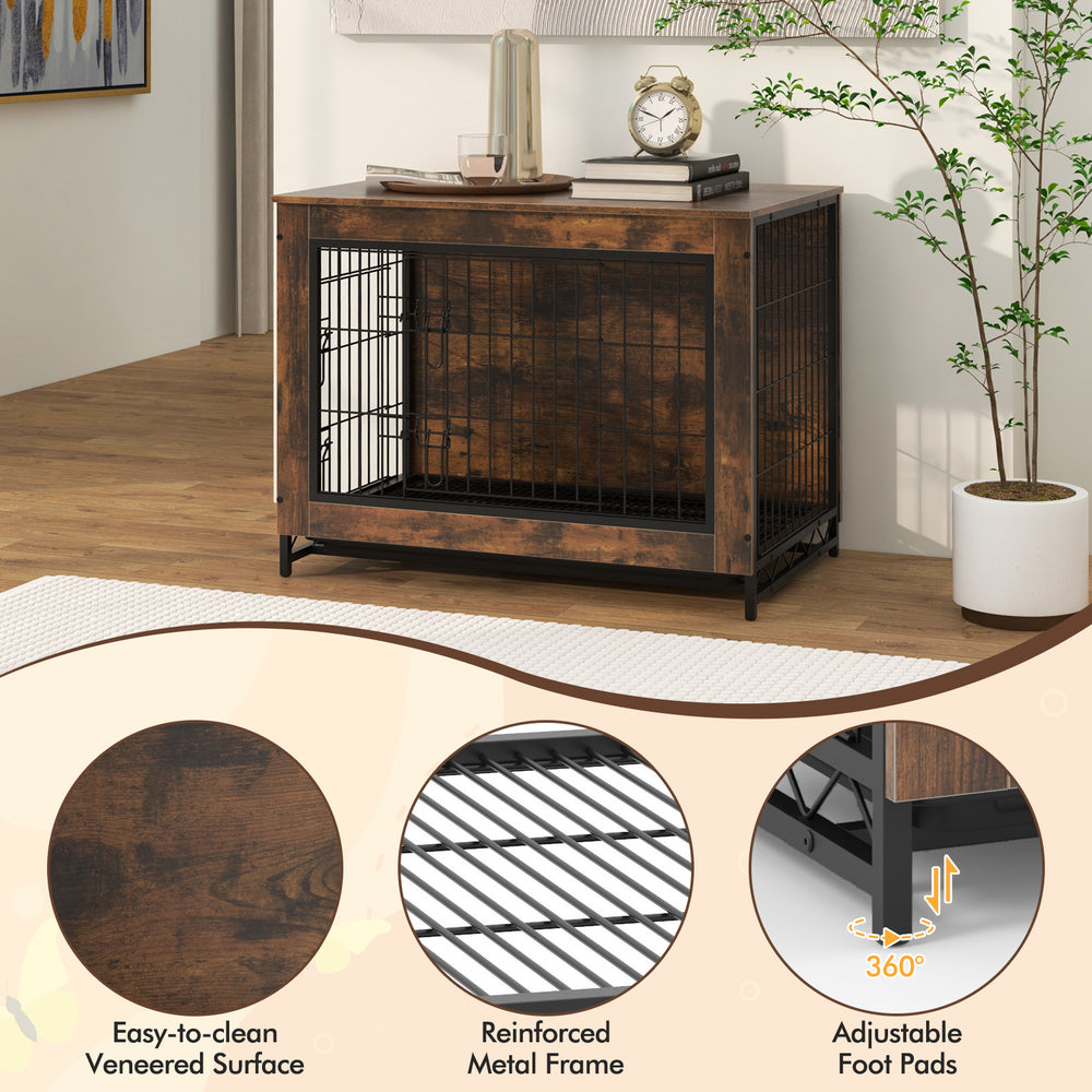 Dog crate furniture with removable tray, double lockable doors, and adjustable foot pads for versatile use as an end.