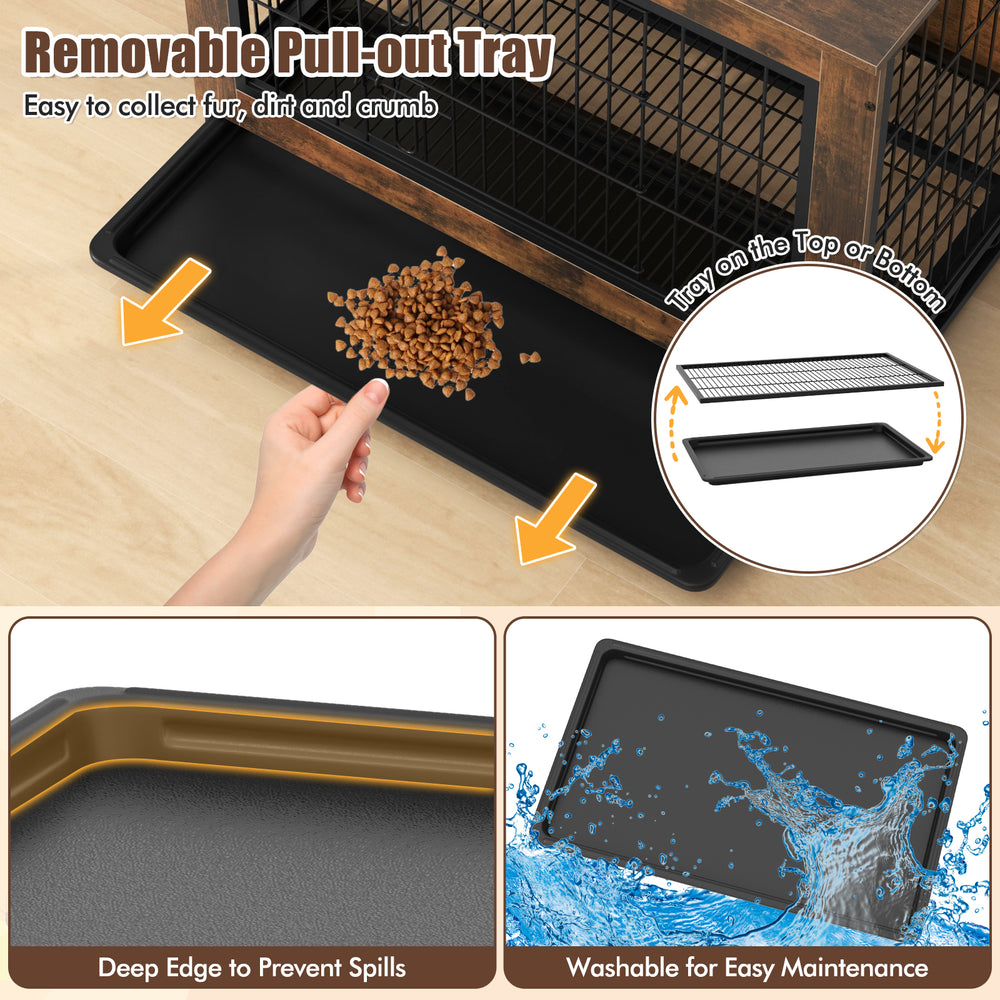 Removable pull-out tray with deep edge for spill prevention in a dog crate furniture piece with double lockable doors.