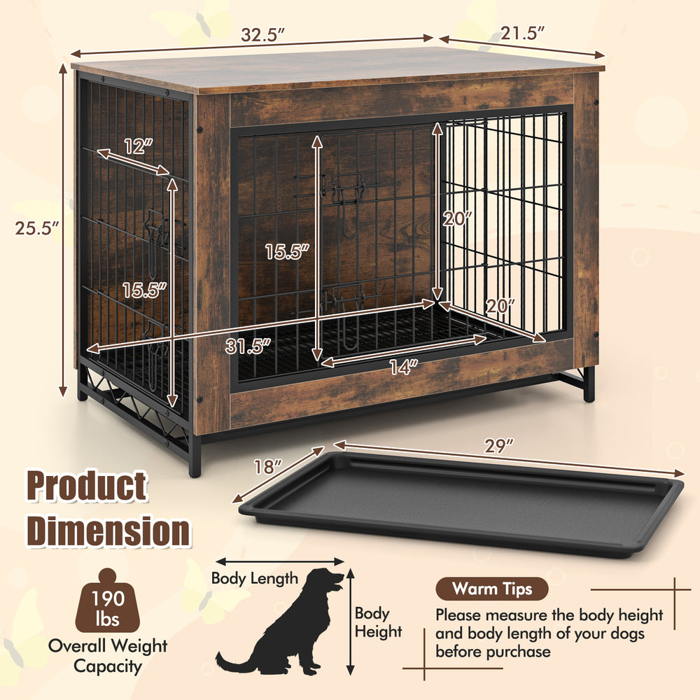 Dog crate furniture with double lockable doors, removable tray, and adjustable foot pads for versatile use as an end.