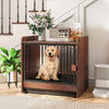 Dog crate featuring a lockable door and sturdy metal pipes, designed as a stylish end table with a rustic wood-like.