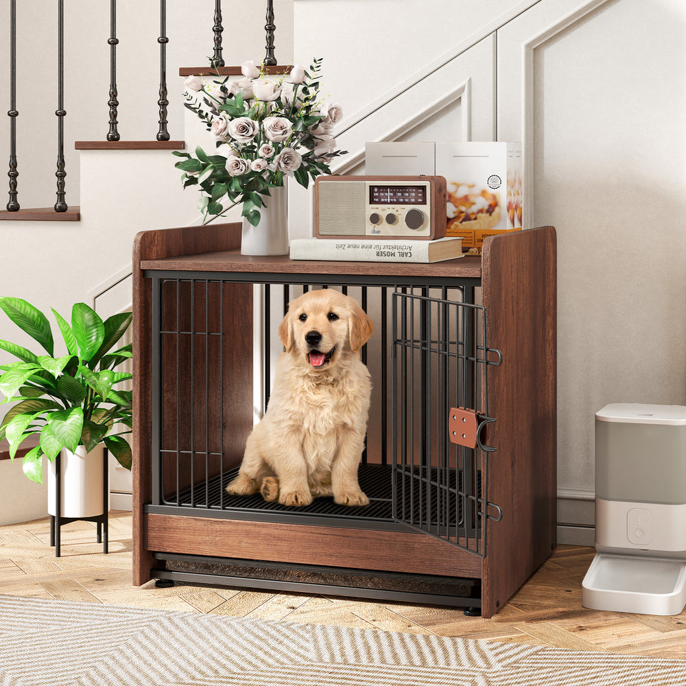Dog crate featuring a lockable door and sturdy metal pipes, designed as a stylish end table with a rustic wood-like.