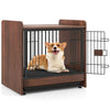 Indoor dog crate with removable tray, lockable door, and rustic wood-like finish, perfect for pet and home decor.