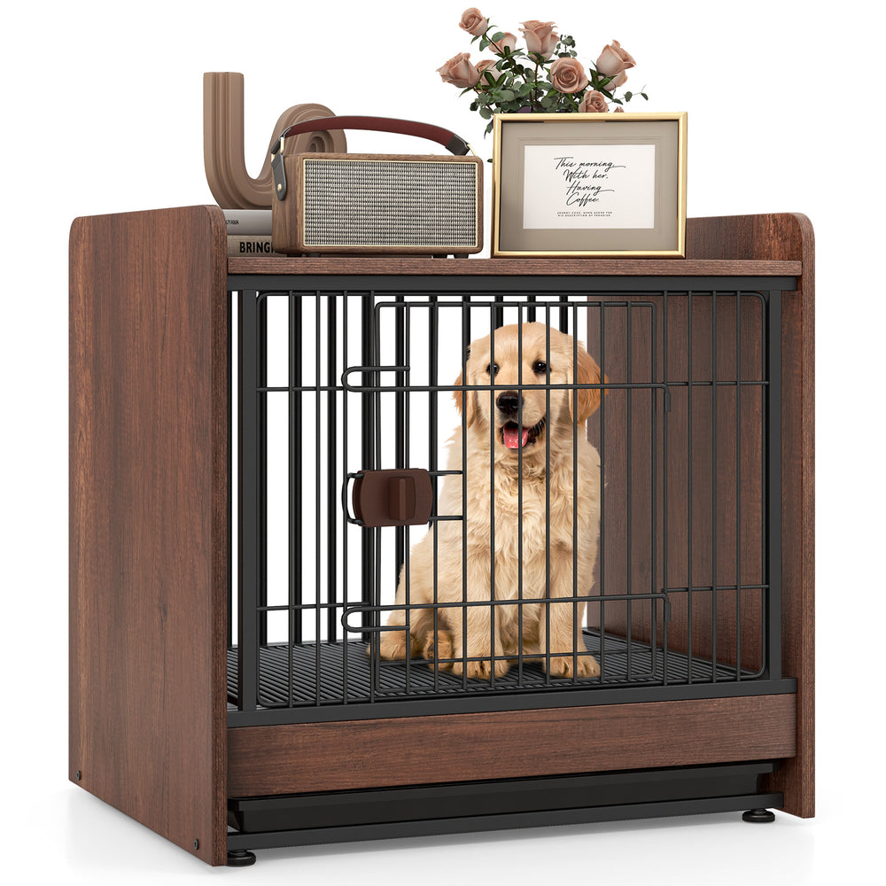 Indoor dog crate featuring a lockable door and sturdy metal pipes, elegantly designed to function as a stylish end.