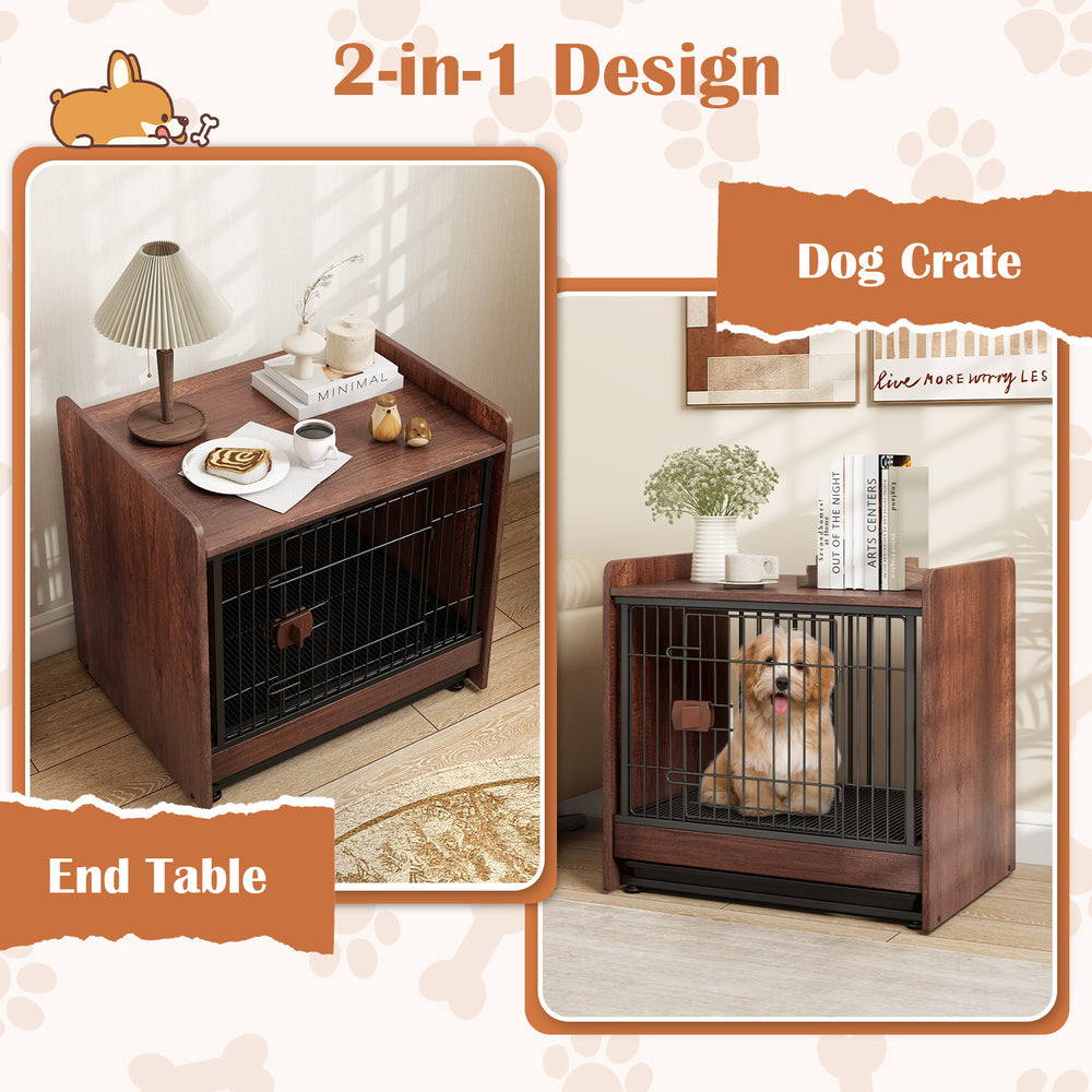 Dog crate and end table combo in rustic style with lockable door and removable tray for easy cleaning.