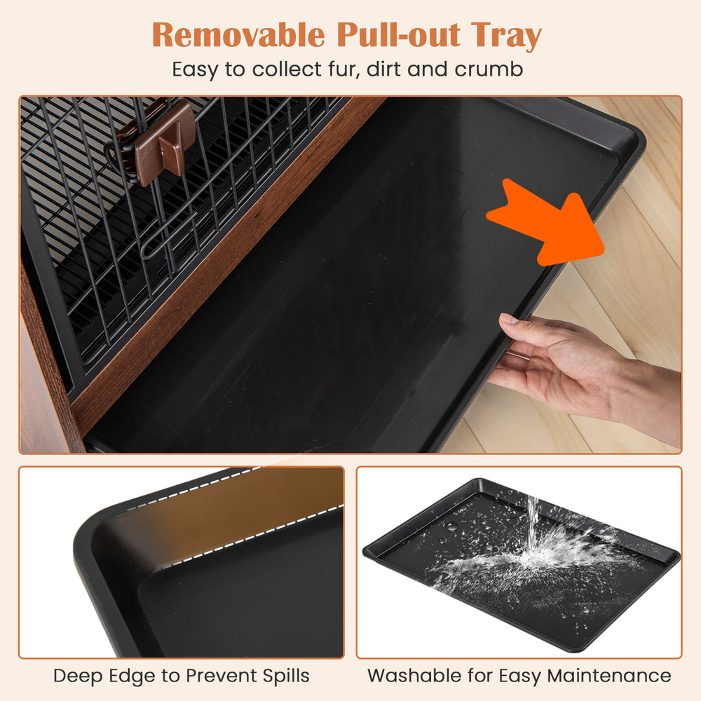 Removable pull-out tray for the indoor dog crate, designed for easy cleaning and maintenance of fur and dirt.