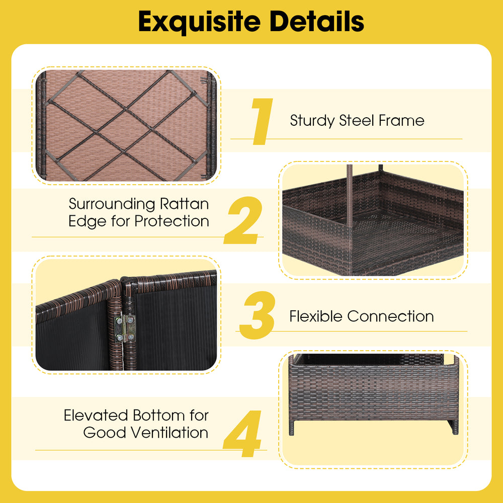 Outdoor wicker dog house with weatherproof roof, sturdy steel frame, and elevated bottom for ventilation and comfort.
