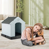 Small waterproof plastic dog house with elevated floor, featuring a removable roof for easy cleaning and durability.