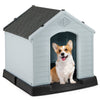 Small dog house made of waterproof plastic with elevated floor, providing protection from weather and easy cleaning.