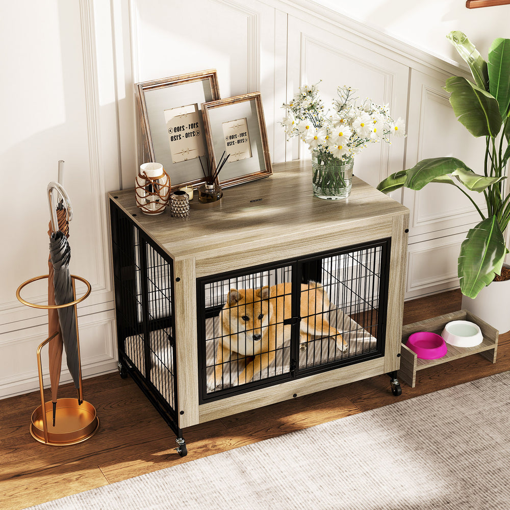 Industrial Dog Kennel with Flip-up Top 3 Lockable Doors and Removable Tray-Gray - Gallery View 1 of 10