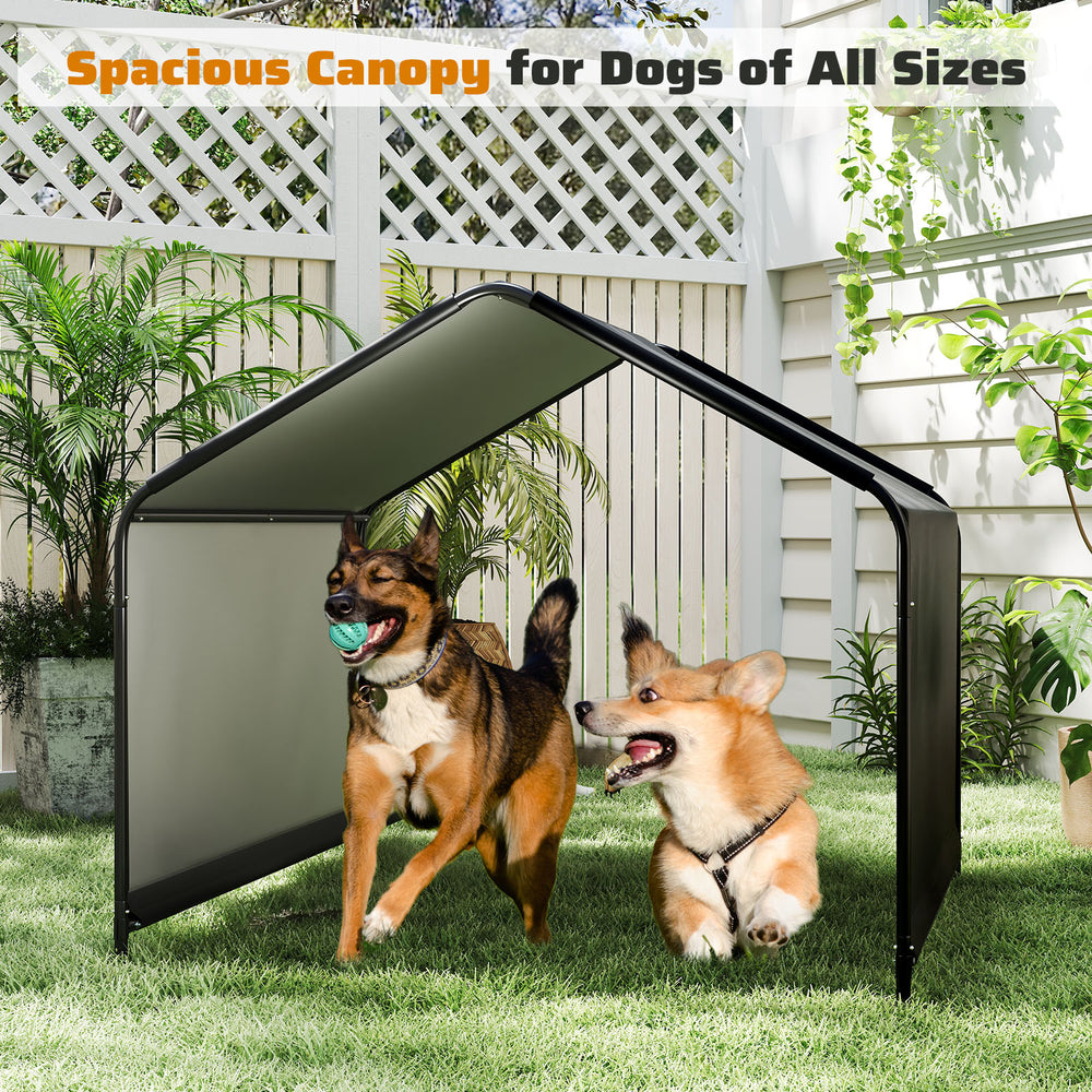 Spacious black dog shade shelter with waterproof roof, ideal for all breeds, providing comfort and protection outdoors.